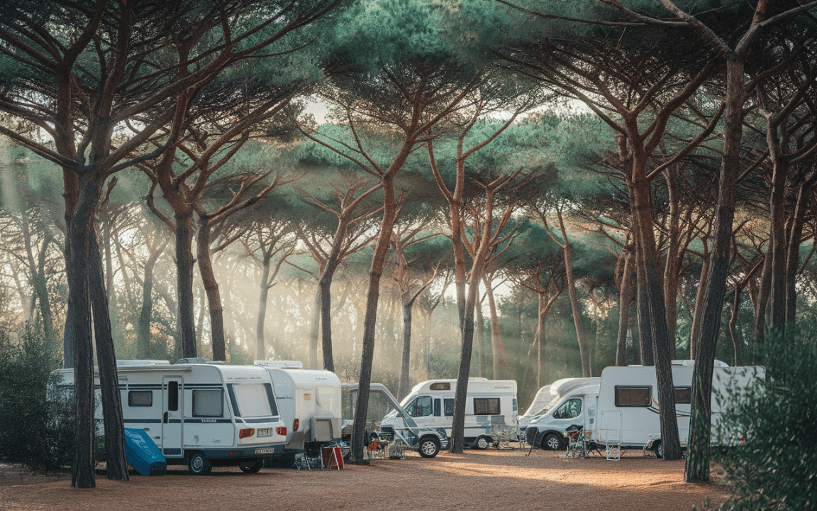 Camp de caravanes ombragé par de grands arbres, avec plusieurs véhicules récréatifs stationnés et des chaises disposées à l'extérieur.