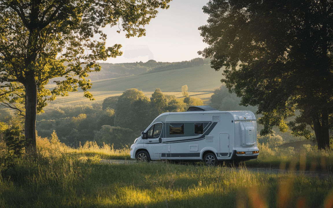 Un camping-car stationné sur une route bordée d'arbres, avec des collines verdoyantes en arrière-plan, illuminé par la lumière du matin.