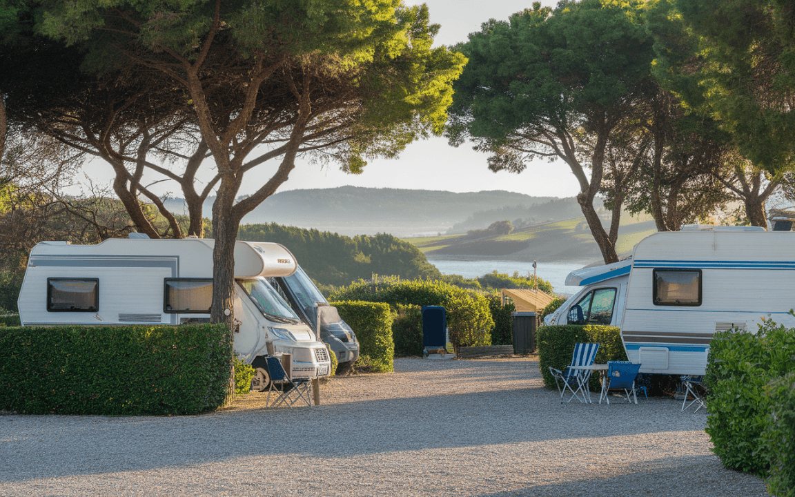 Deux camping-cars stationnés sous des arbres, avec des chaises et une vue sur un paysage verdoyant et un plan d'eau en arrière-plan.