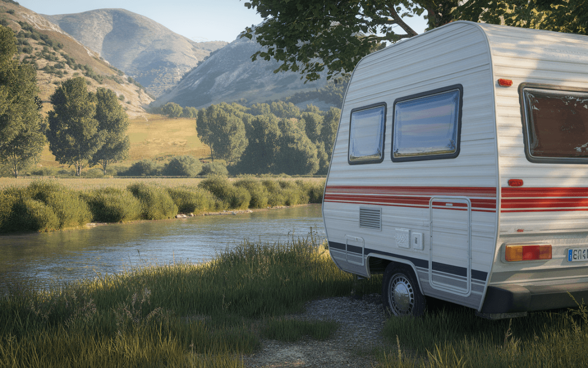 Caravane stationnée près d'une rivière, entourée de collines verdoyantes et d'arbres, créant une ambiance paisible et naturelle.
