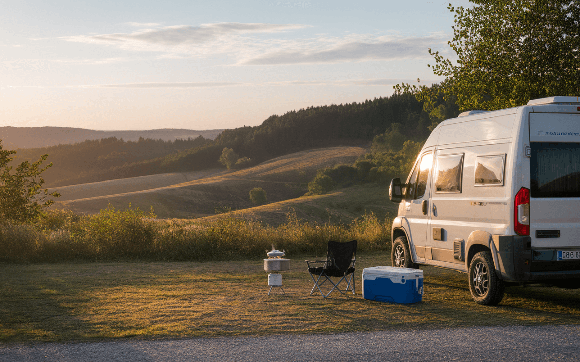 Un camping-car garé devant un paysage rural au lever du soleil, avec une chaise, un réchaud et une glacière à proximité.