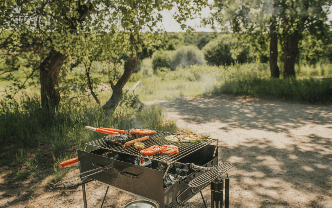 Barbecue en plein air avec des légumes grillés, entouré d'une verdure luxuriante et d'arbres. Fumée s'échappant du gril.