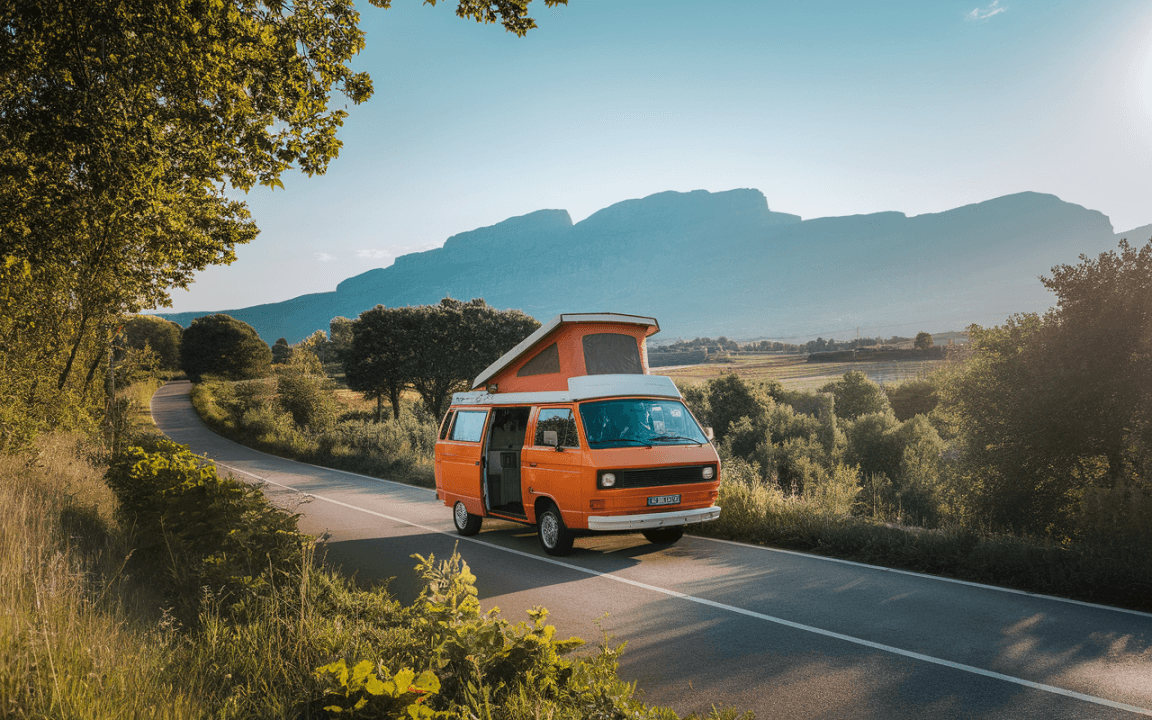 Un fourgon orange avec toit relevable sur une route, entouré de montagnes et de verdure sous un ciel clair.