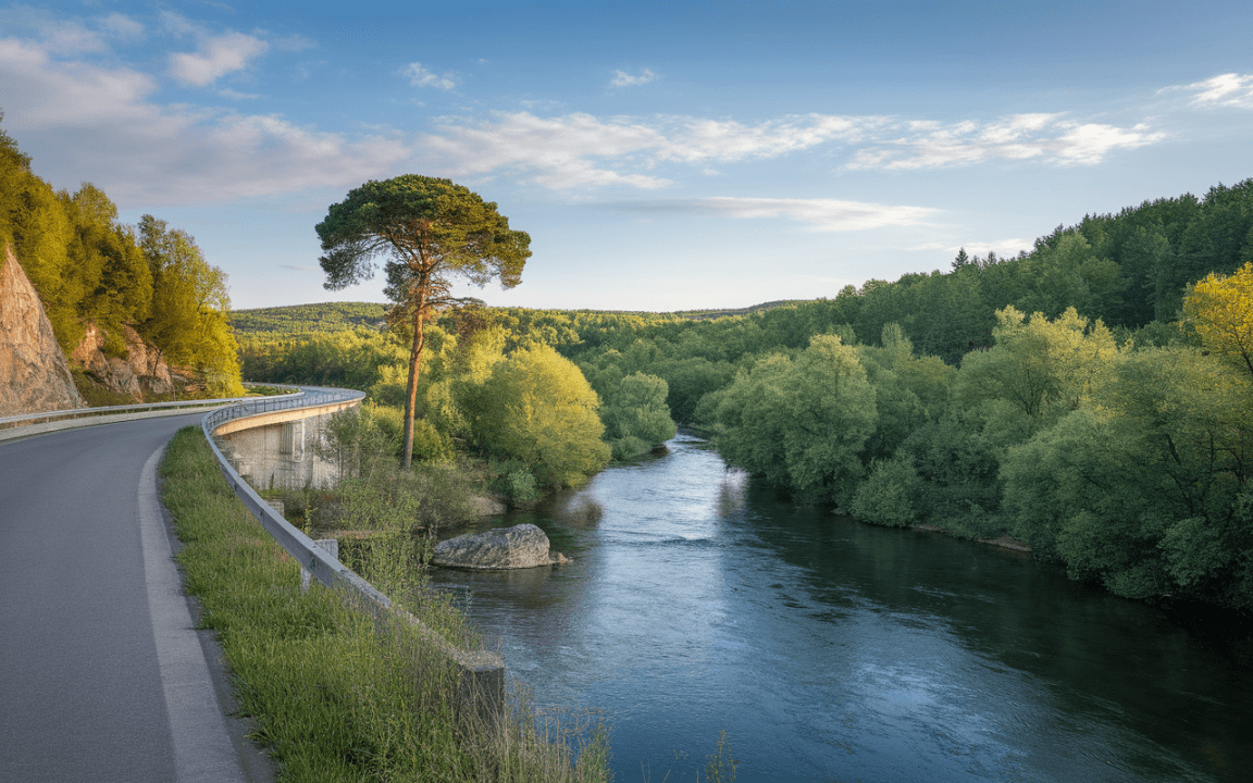 Route sinueuse à côté d'une rivière calme, entourée de verdure et d'arbres sous un ciel bleu avec quelques nuages.