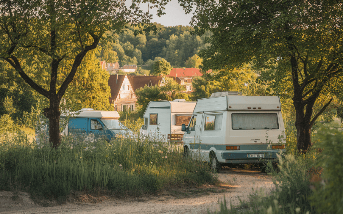 Trois camping-cars stationnés au milieu d'un paysage verdoyant, entourés d'arbres et de maisons en arrière-plan.