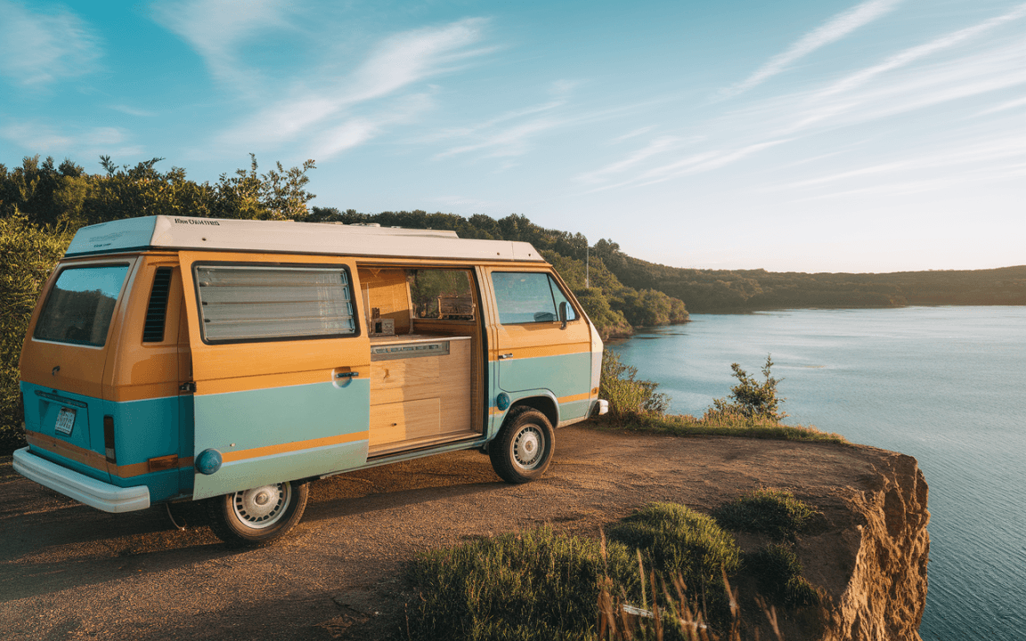 Camping-car rétro coloré stationné au bord d'un lac, entouré de verdure, sous un ciel bleu clair et ensoleillé.