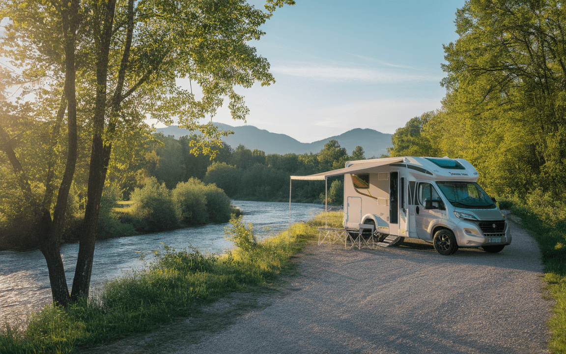 Camping-car stationné à côté d'une rivière, entouré d'arbres et de collines au coucher du soleil, avec des chaises pliantes.