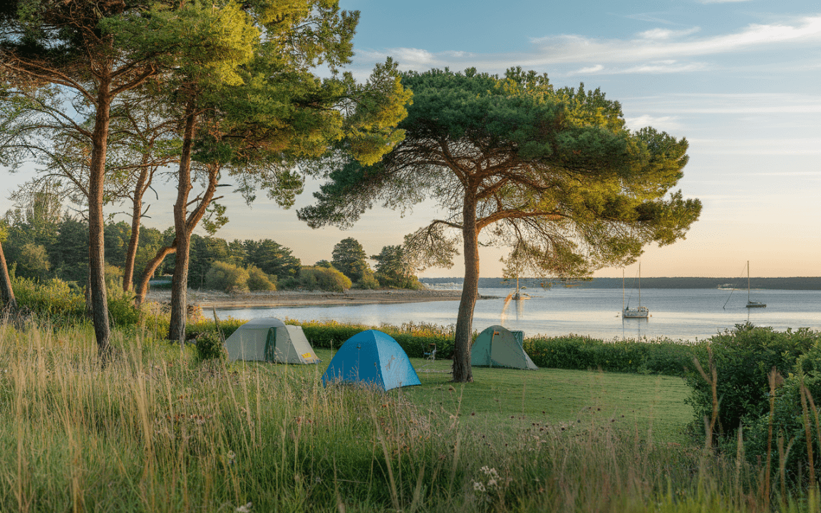 Campsite avec plusieurs tentes vertes au bord d'un lac, entouré d'arbres, et voiliers au loin sous un ciel clair.