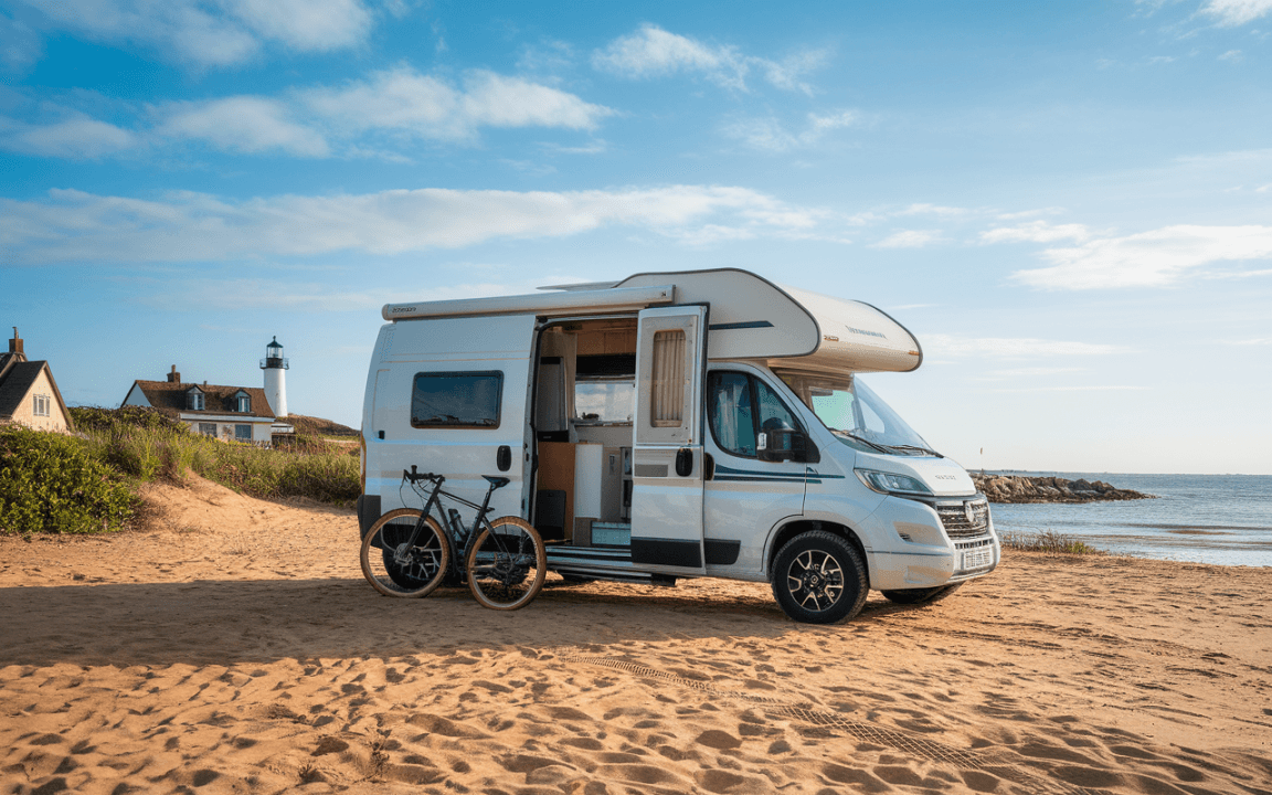 Camping-car blanc sur une plage, avec vélo à côté. En arrière-plan, une maison et un phare sous un ciel dégagé.