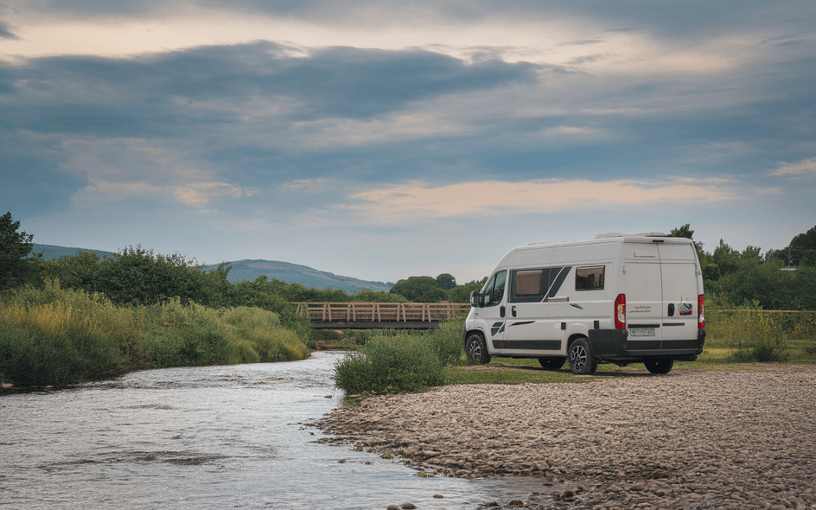 Un camping-car garé près d'une rivière, avec un pont en bois à l'arrière-plan et des collines verdoyantes sous un ciel nuageux.