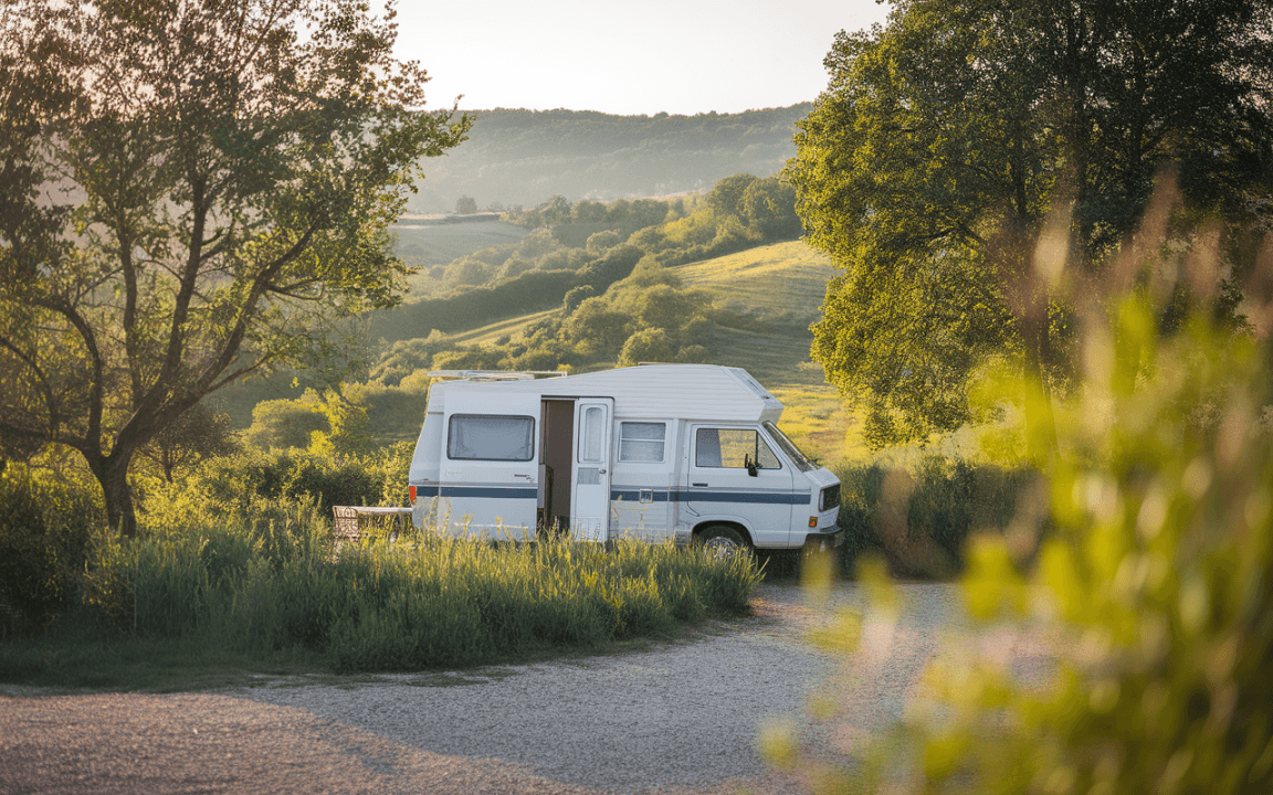 Camping-car garé dans une verdure luxuriante, entouré d'arbres, surplombant des collines au crépuscule. Sentiment de tranquillité et d'aventure.