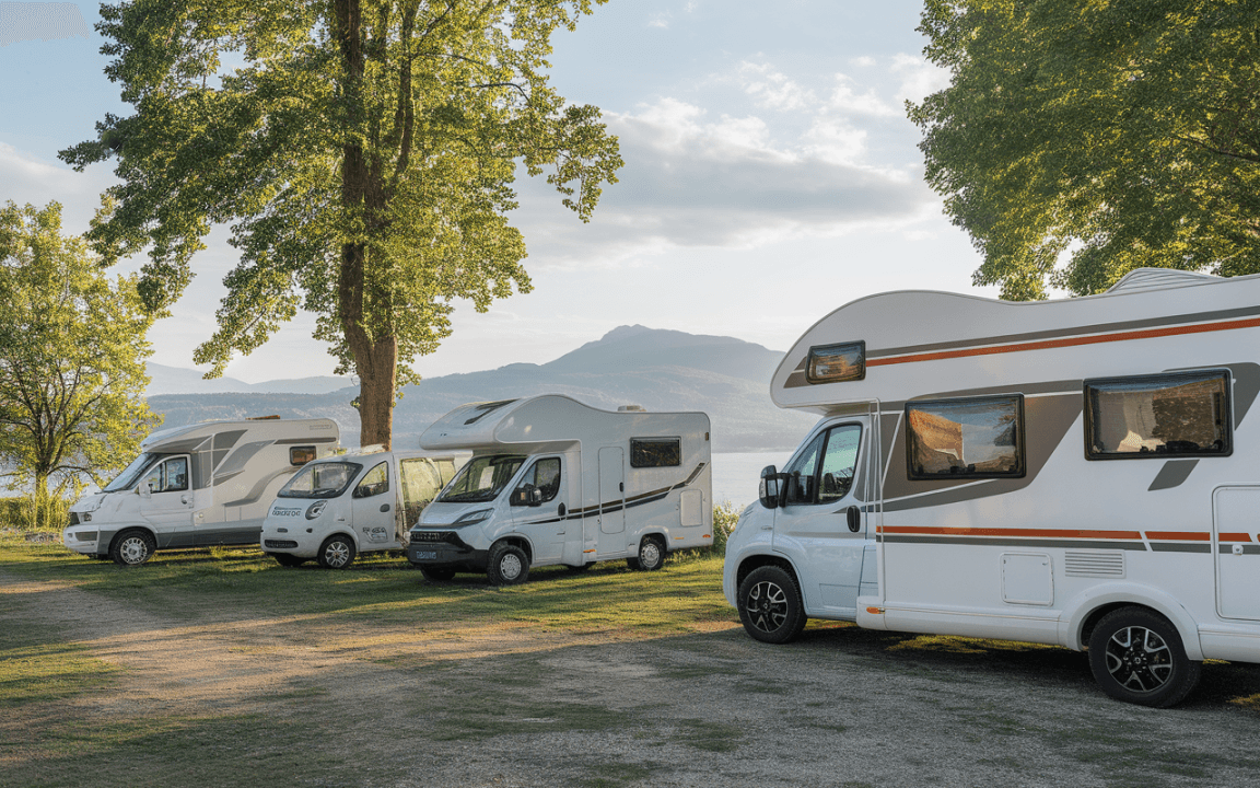 Quatre camping-cars stationnés à proximité d'un lac, entourés d'arbres, avec des montagnes en arrière-plan sous un ciel clair.