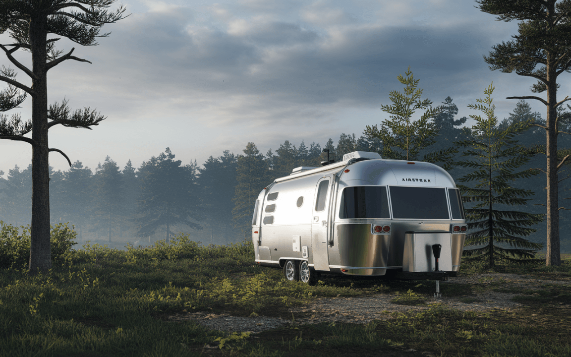 Caravane Airstream brillante stationnée dans une forêt verdoyante, entourée d'arbres, avec un ciel nuageux en arrière-plan.