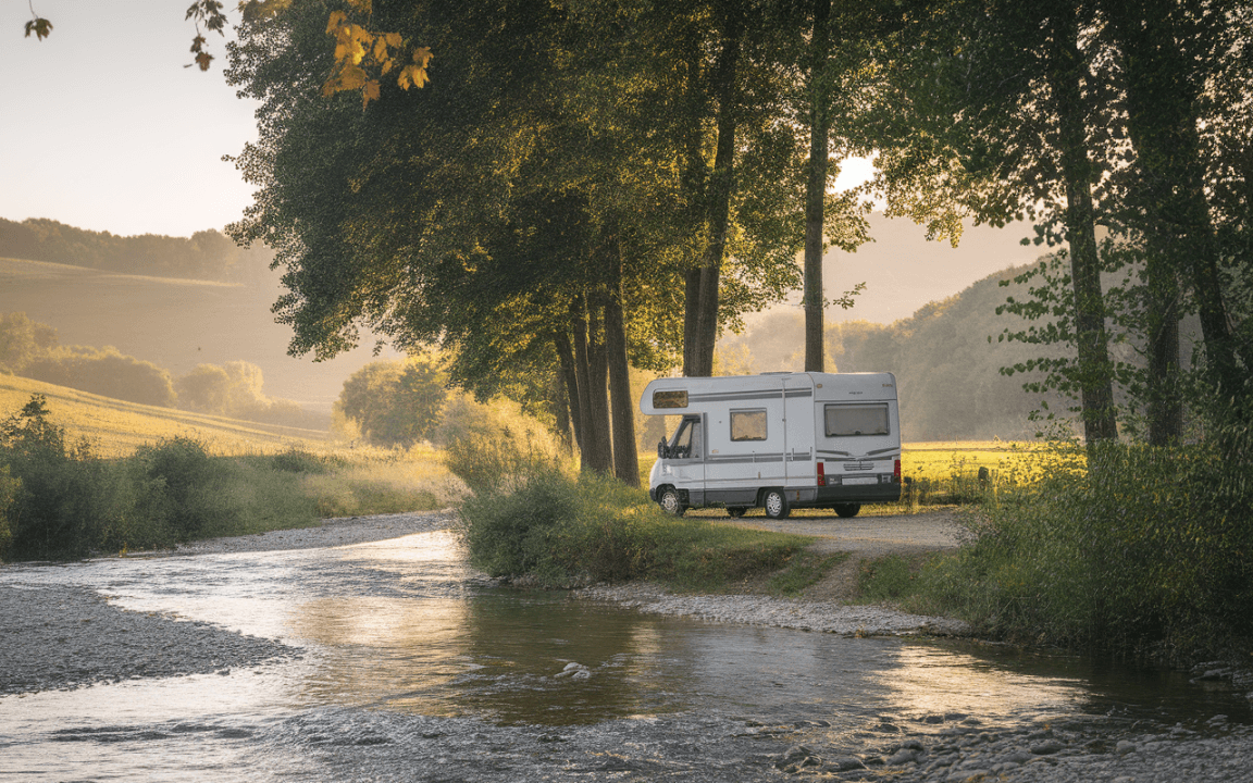Un camping-car stationné au bord d'une rivière, entouré d'arbres, dans un paysage paisible au lever du soleil.