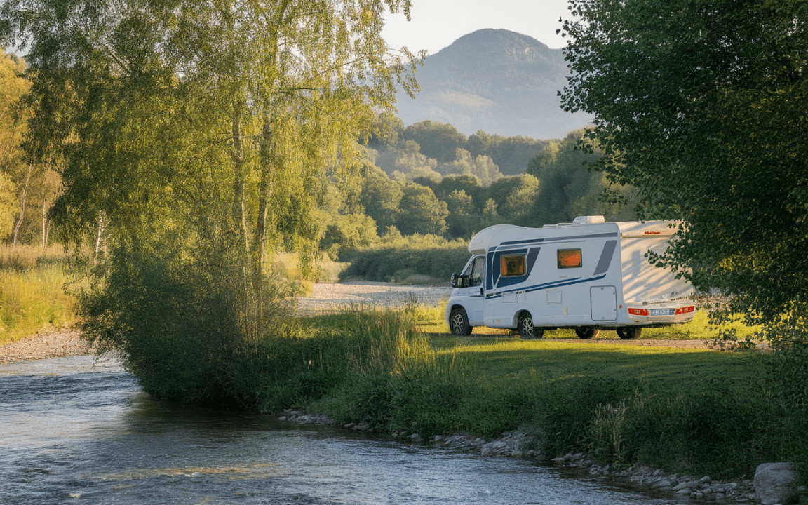 Un camping-car garé au bord d'une rivière, entouré de verdure et avec des montagnes en arrière-plan, sous une lumière douce.