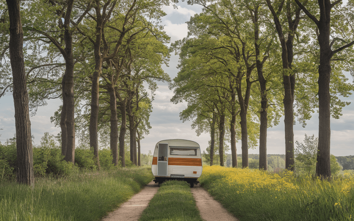 Caravane stationnée sur un chemin de terre entouré d'arbres majestueux et de fleurs jaunes sous un ciel nuageux.