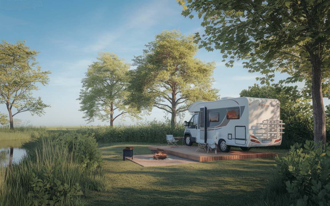 Un camping-car est garé sur une pelouse, près d'un étang, entouré d'arbres, avec un coin feu et des chaises.