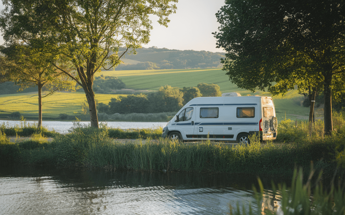 Un camping-car stationne au bord d'un lac, entouré d'arbres et de champs verdoyants sous un éclairage doux matinal.