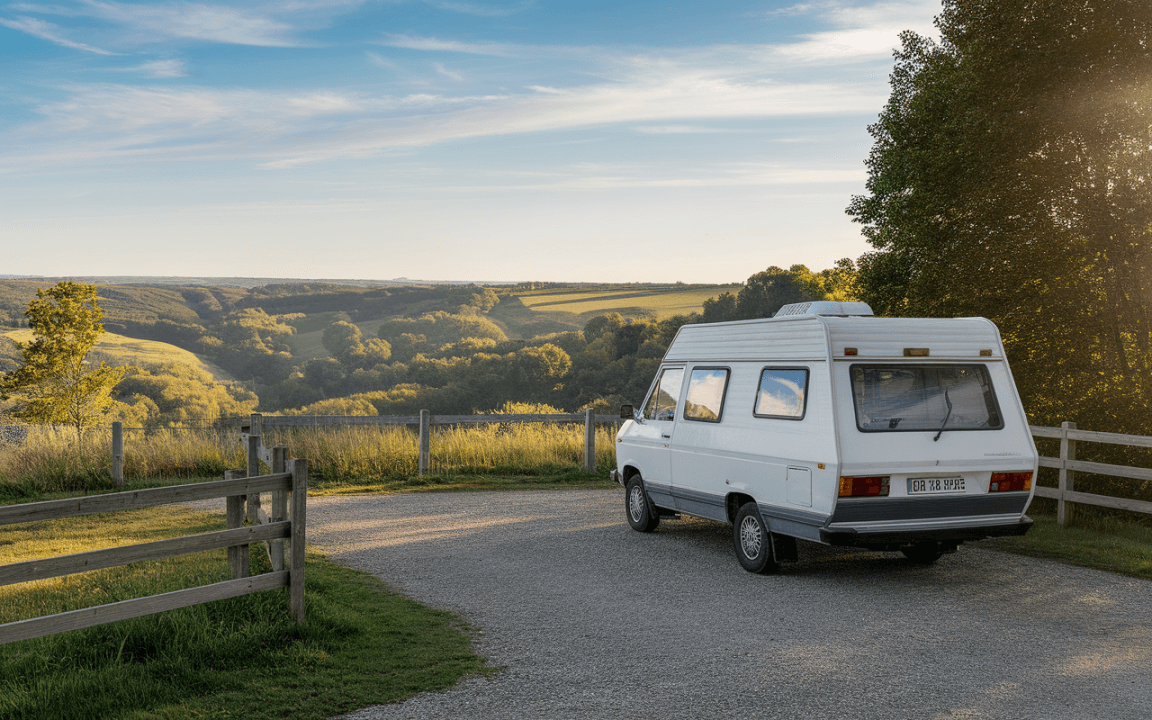 VW camper van stationné sur une route sinueuse avec une vue panoramique sur des collines verdoyantes sous un ciel bleu.