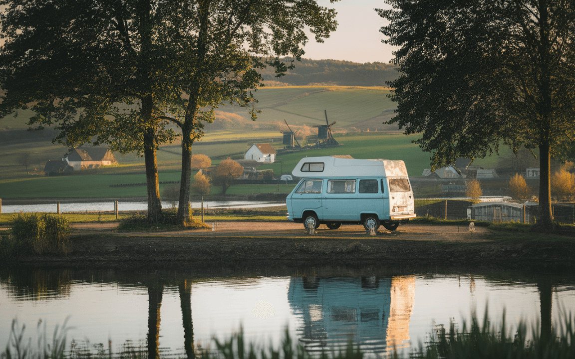 Camping-car bleu stationné près d'un lac, reflétant les paysages verdoyants et les moulins à vent en arrière-plan.