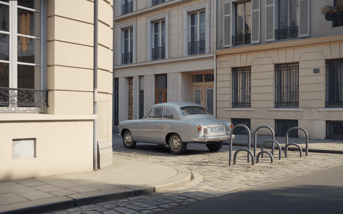 Une voiture rétro grise stationnée dans une rue pavée, entourée d'immeubles parisiens modernes.