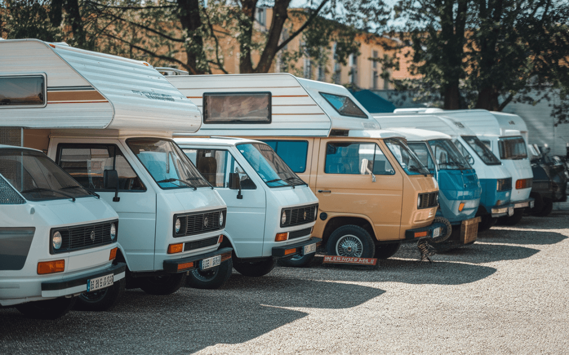 Une rangée de camping-cars colorés stationnés sur un gravier, avec des arbres en arrière-plan et un ciel clair.