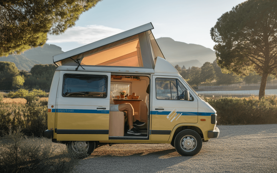 Un camping-car jaune avec un toit relevé, garé dans un paysage de campagne, une personne assise à l’intérieur.