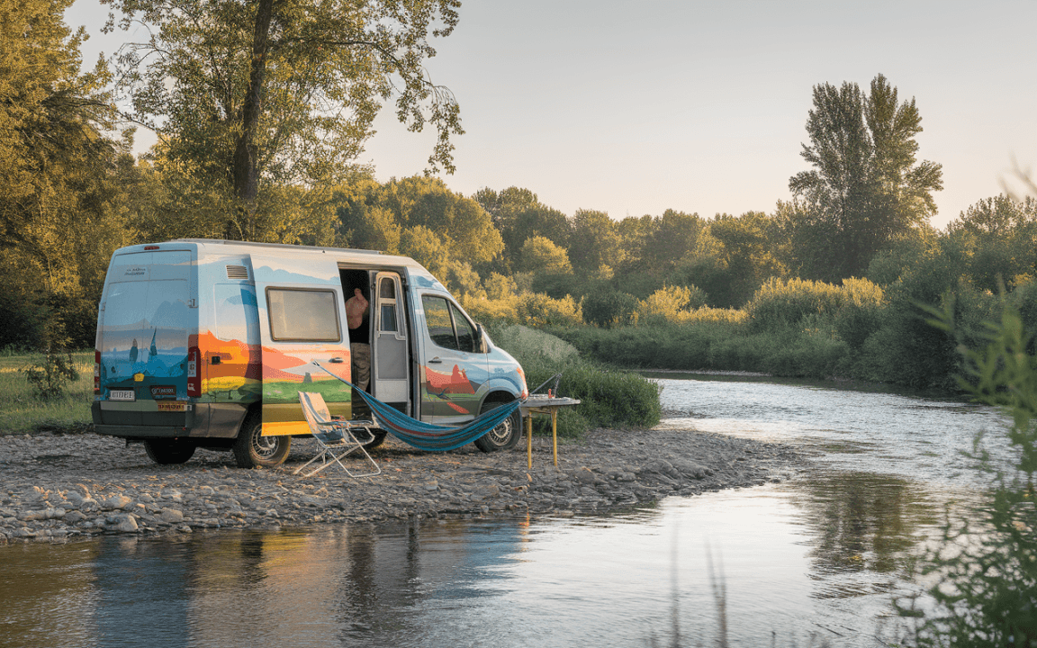 Van coloré stationné au bord d'une rivière, avec une chaise, une table et un hamac, dans un décor naturel serein.