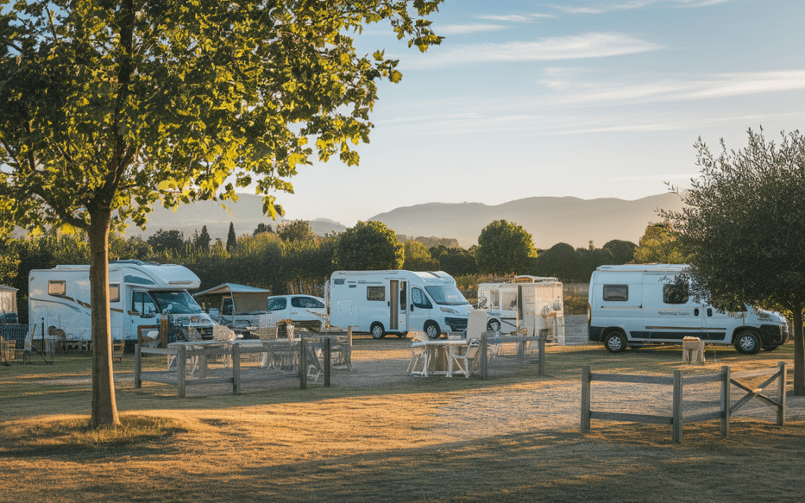Camping tranquille avec plusieurs camping-cars stationnés, arbres verdoyants et montagnes en arrière-plan sous un ciel clair.