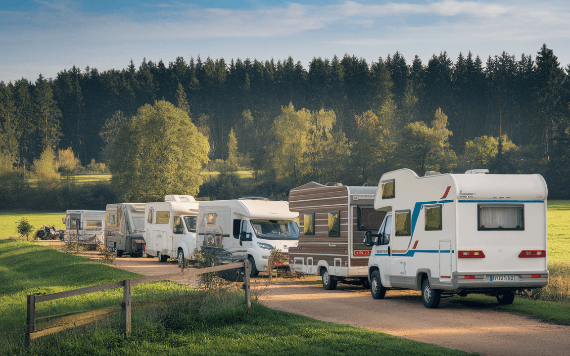 Une file de camping-cars garés le long d'un chemin, entourés de verdure et d'arbres en arrière-plan.