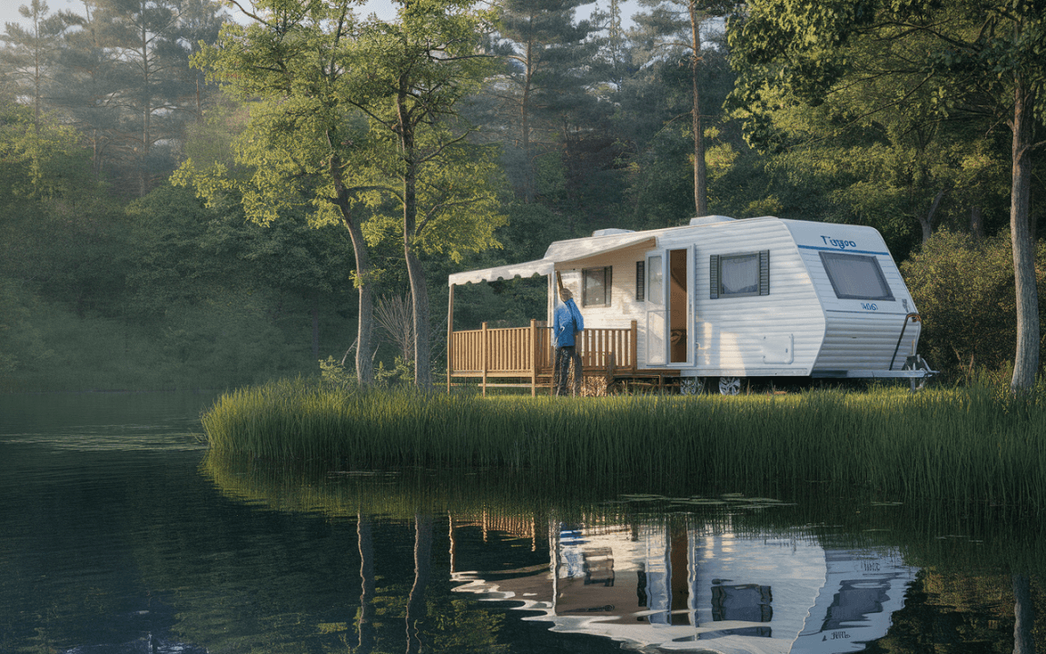 Caravane blanche près d'un lac, entourée d'arbres verdoyants, avec une personne sur la terrasse, reflet dans l'eau.