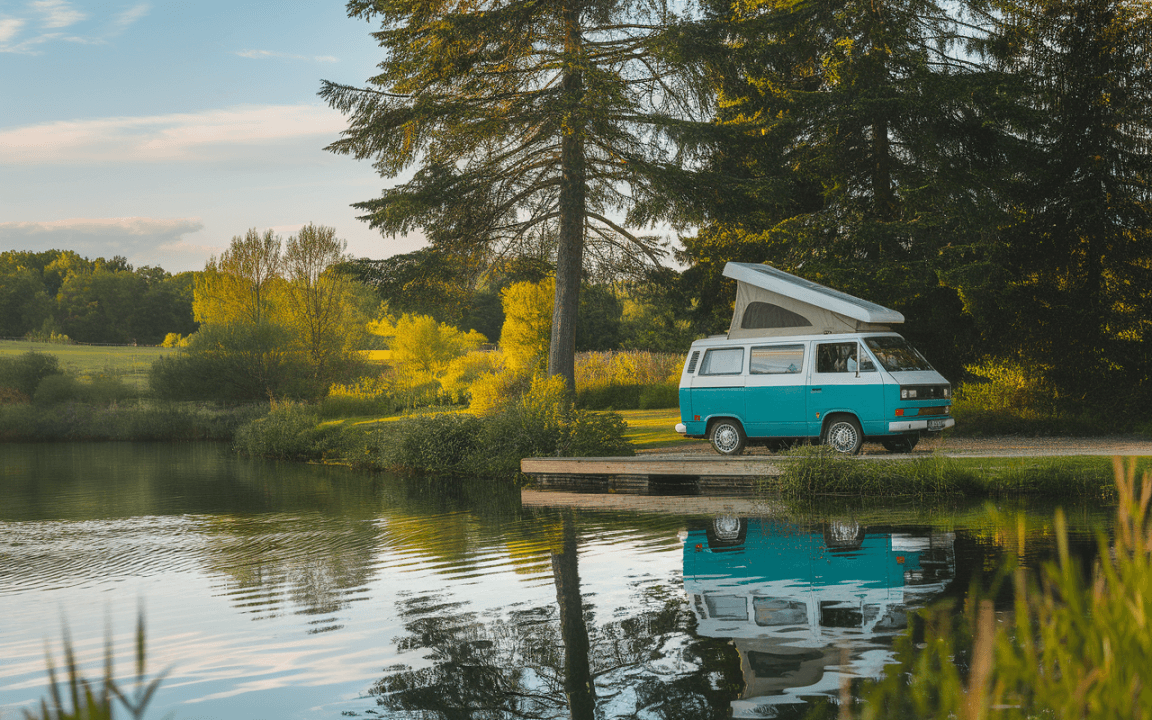 Un van bleu stationné au bord d'un lac, entouré d'arbres verdoyants et réfléchissant sur l'eau calme sous un ciel ensoleillé.