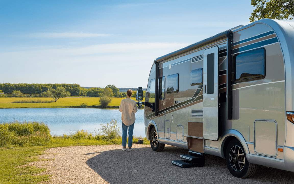 Un homme regarde un lac depuis un camping-car garé, entouré de verdure sous un ciel dégagé.
