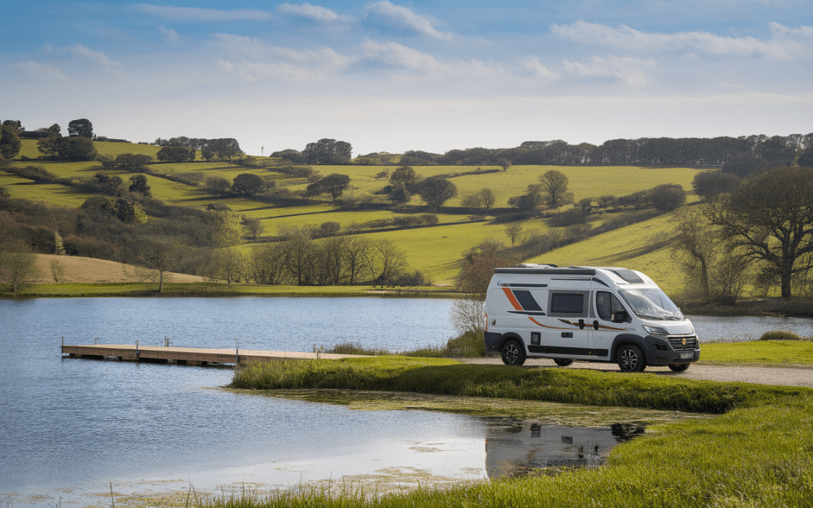 Un camping-car stationné près d'un lac, entouré de collines verdoyantes et d'un ciel bleu avec quelques nuages.