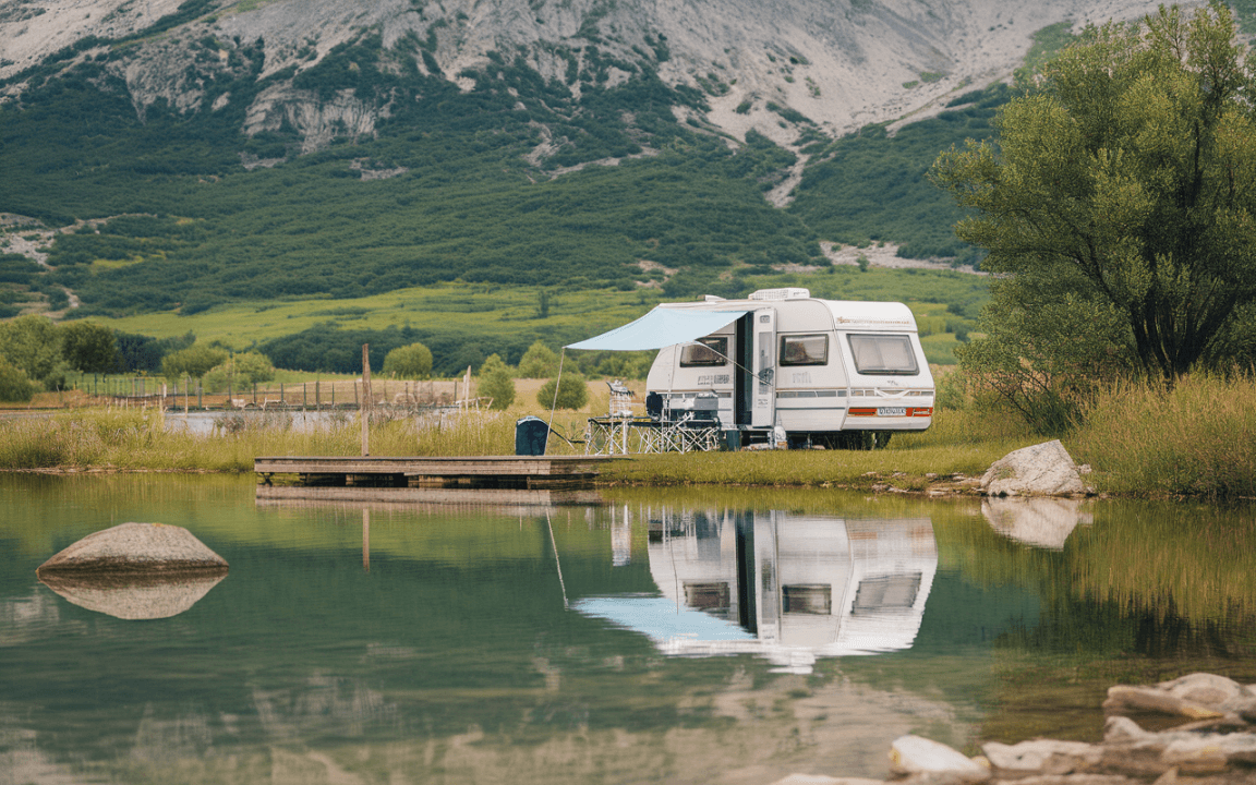 Caravane stationnée près d'un lac, reflétant le paysage montagnard, avec des chaises et une table sous un auvent.