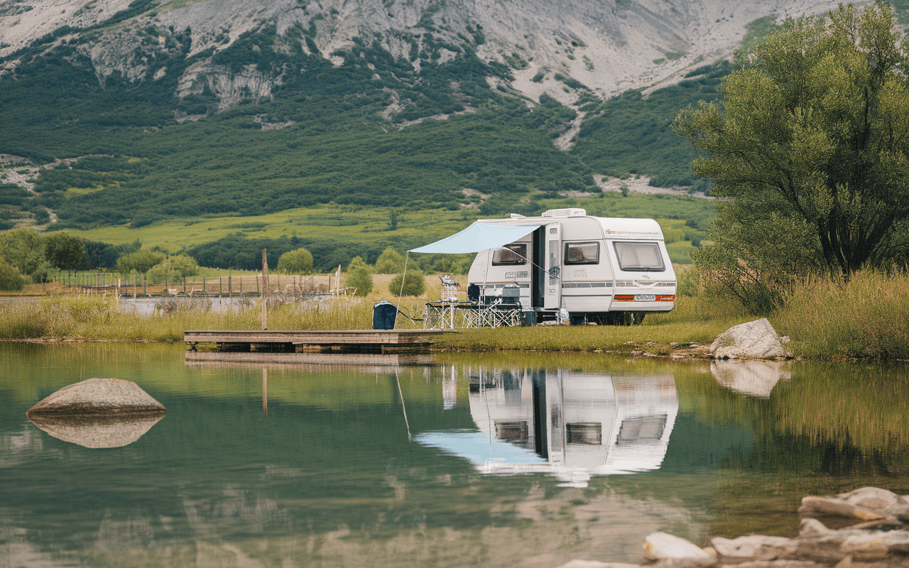 Caravane stationnée près d'un lac, reflétant le paysage montagnard, avec des chaises et une table sous un auvent.