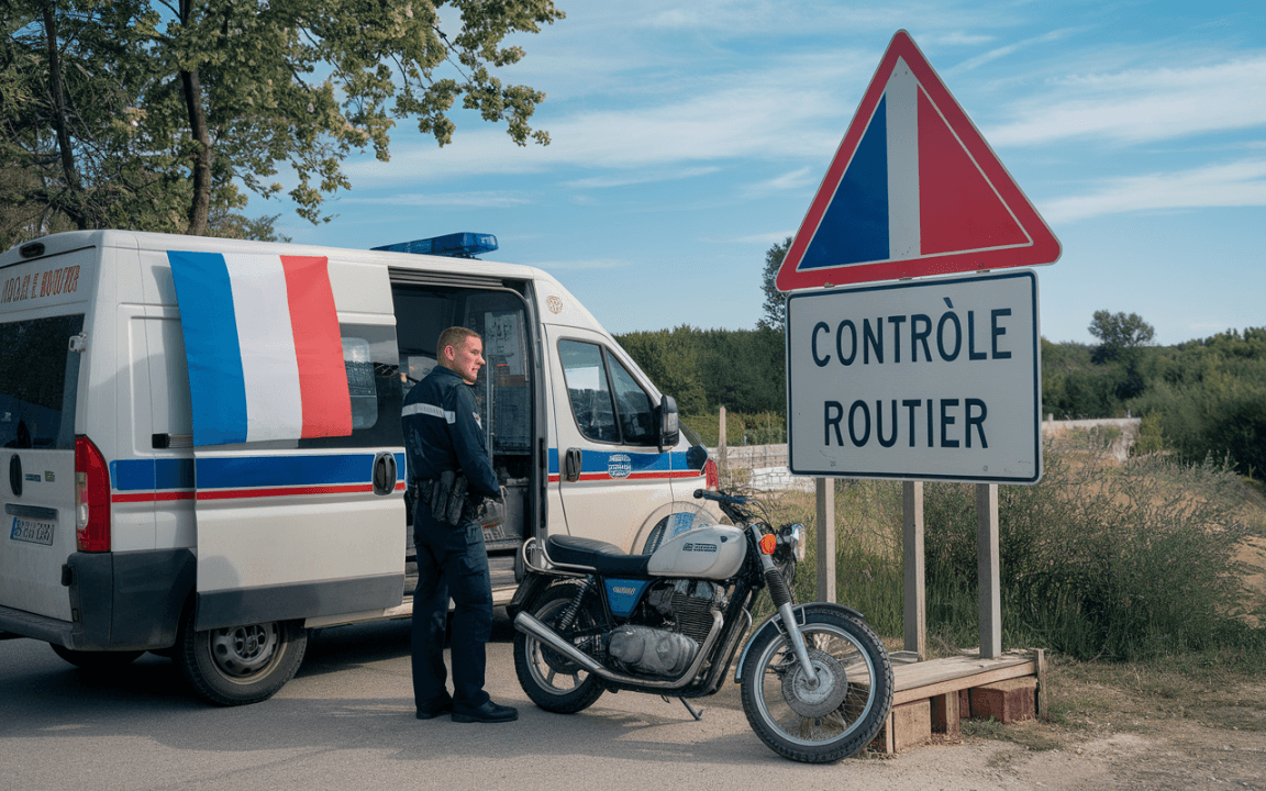 Un policier devant un fourgon marqué aux couleurs françaises, avec une moto stationnée à côté et un panneau "Contrôle routier".