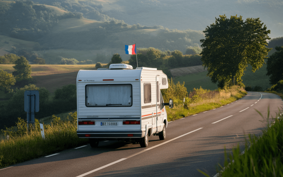 Un camping-car roulant sur une route bordée d'arbres, avec un drapeau français flottant sur le toit et des collines en arrière-plan.
