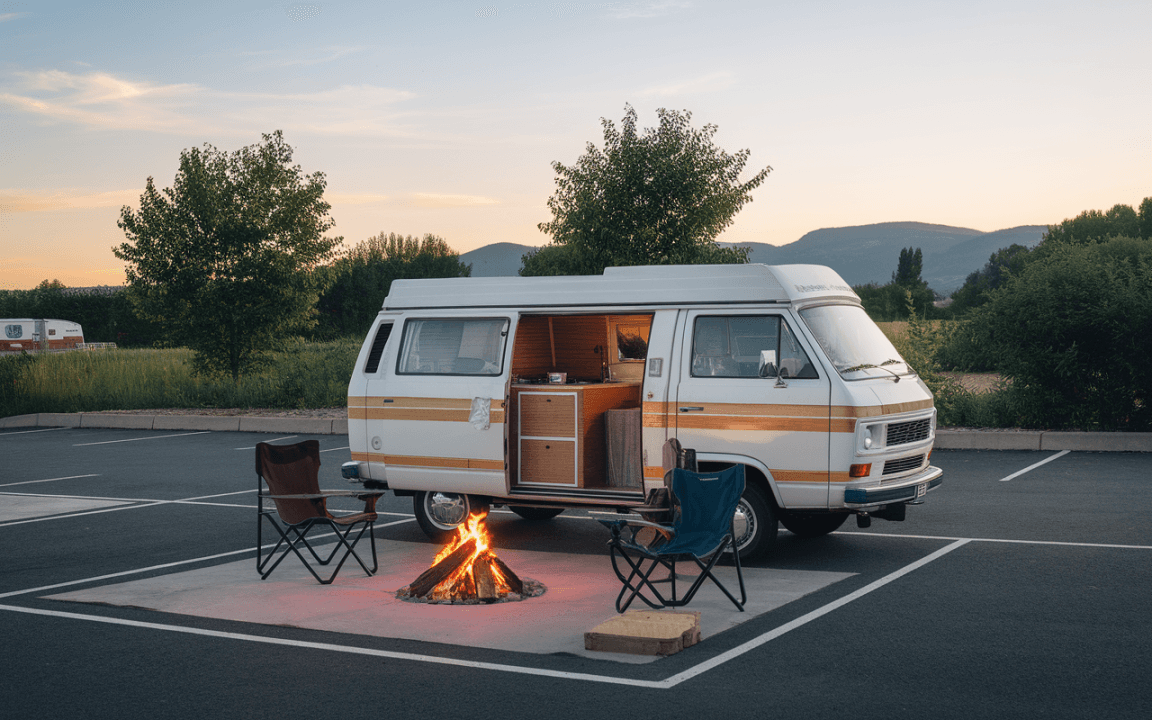 Un fourgon aménagé stationné avec des chaises entourant un feu de camp, dans un paysage verdoyant au coucher du soleil.