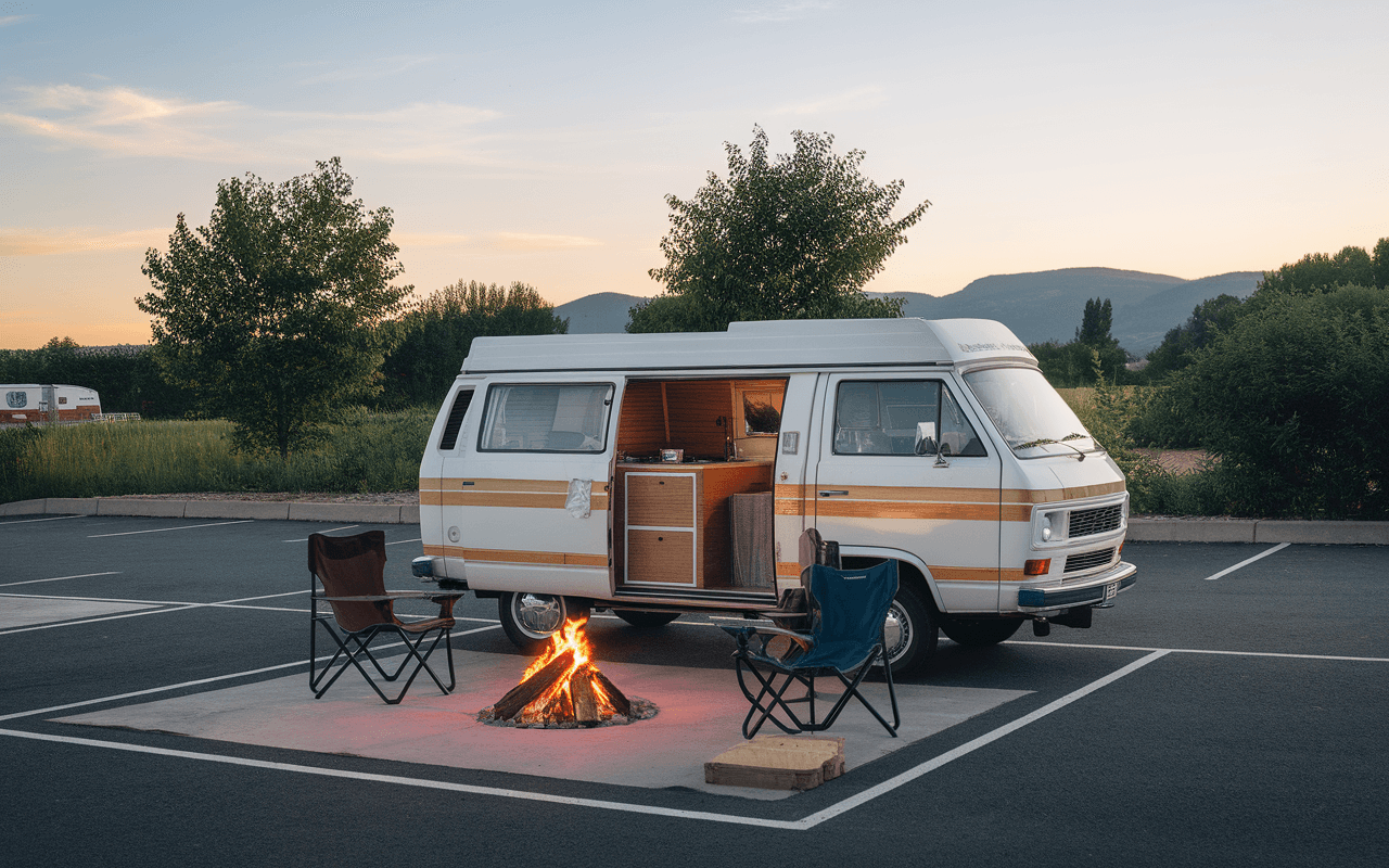 Un fourgon aménagé stationné avec des chaises entourant un feu de camp, dans un paysage verdoyant au coucher du soleil.