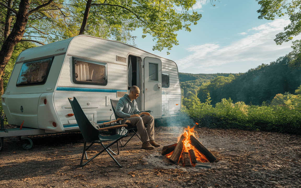 Un homme assis près d'un feu de camp, devant une caravane, entouré par la nature verdoyante. Scène paisible et relaxante.