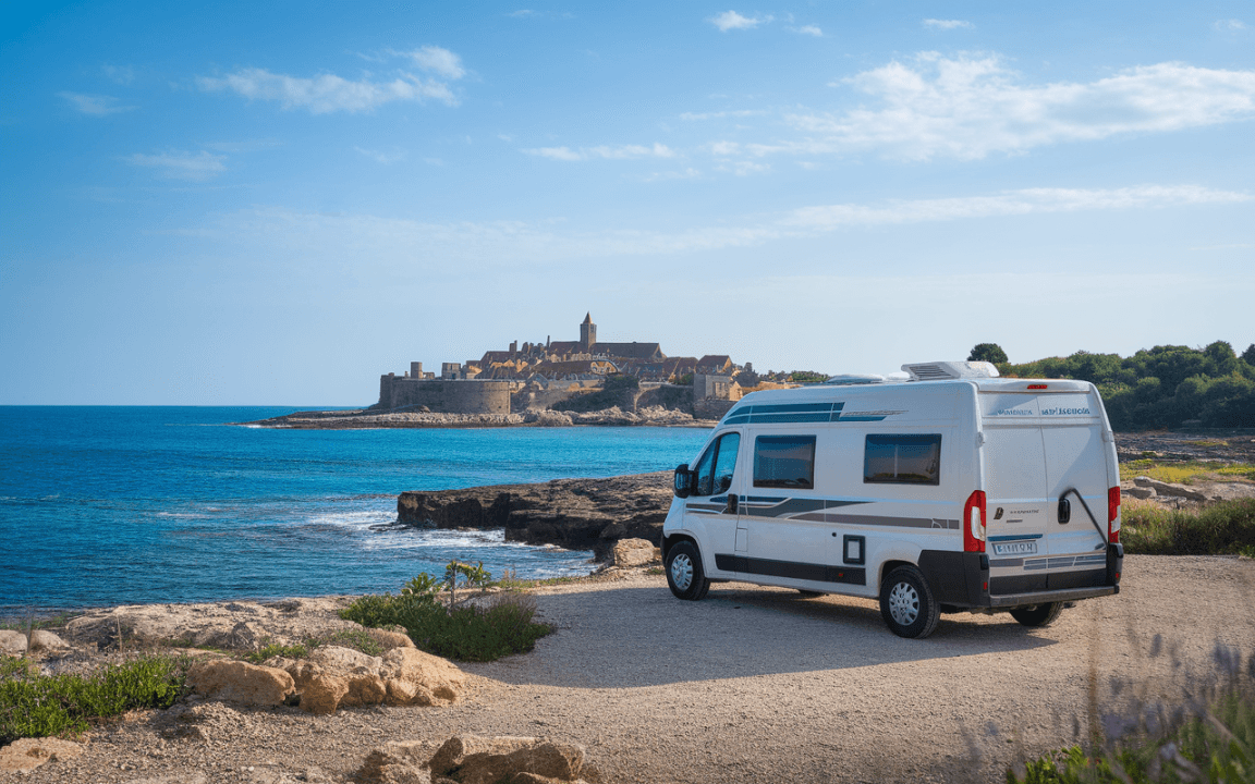 Un camping-car stationné sur une route côtière, avec une vue sur une ville médiévale au bord de la mer.