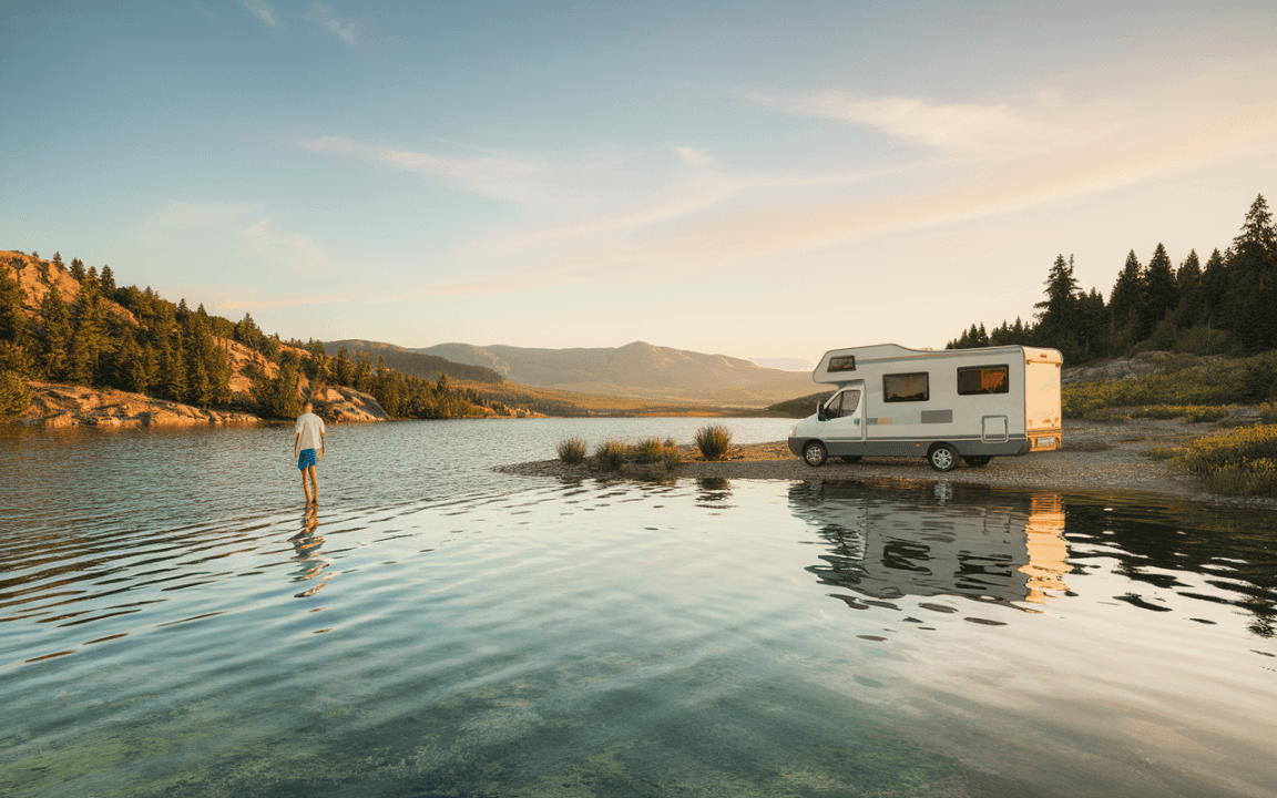 Un homme debout dans l'eau, un camping-car sur la rive, entouré de montagnes et de forêts au coucher du soleil.