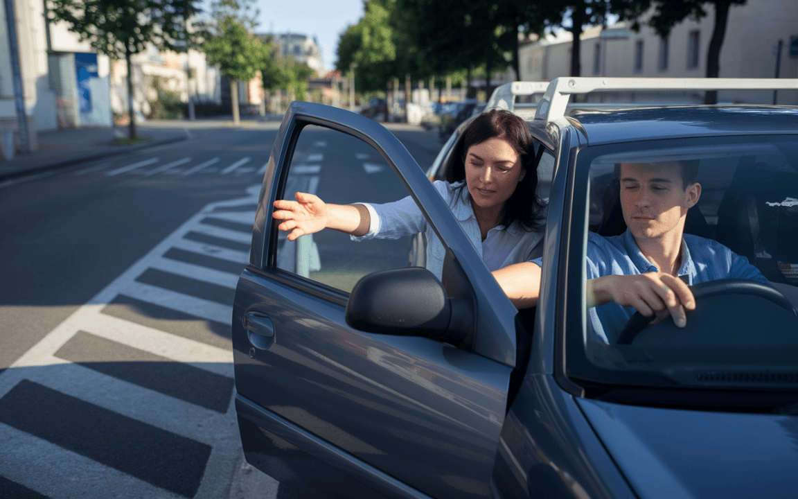 Une femme explique quelque chose à un homme assis dans une voiture, sur une rue ensoleillée. Des arbres bordent la route.