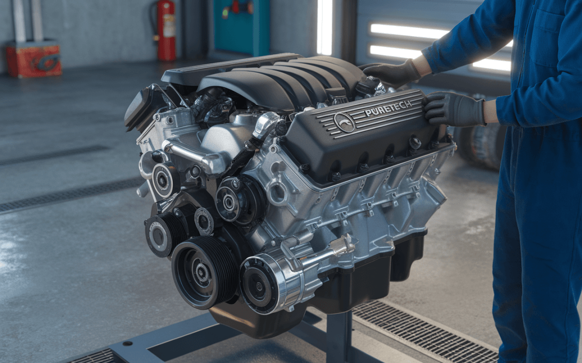 Moteur automobile en métal brillant, sur un support, avec une personne en combinaison de travail le manipulant, dans un atelier.