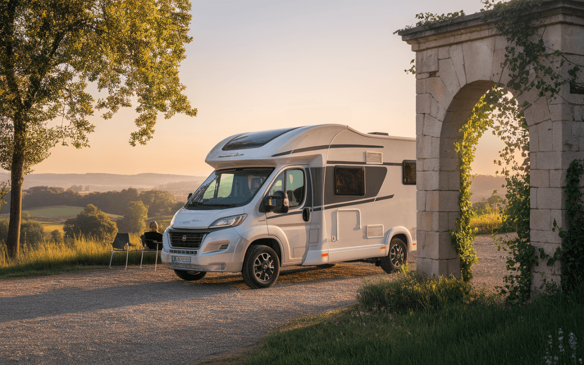 Véhicule de camping garé près d'une arche, avec un paysage verdoyant et un coucher de soleil en arrière-plan.