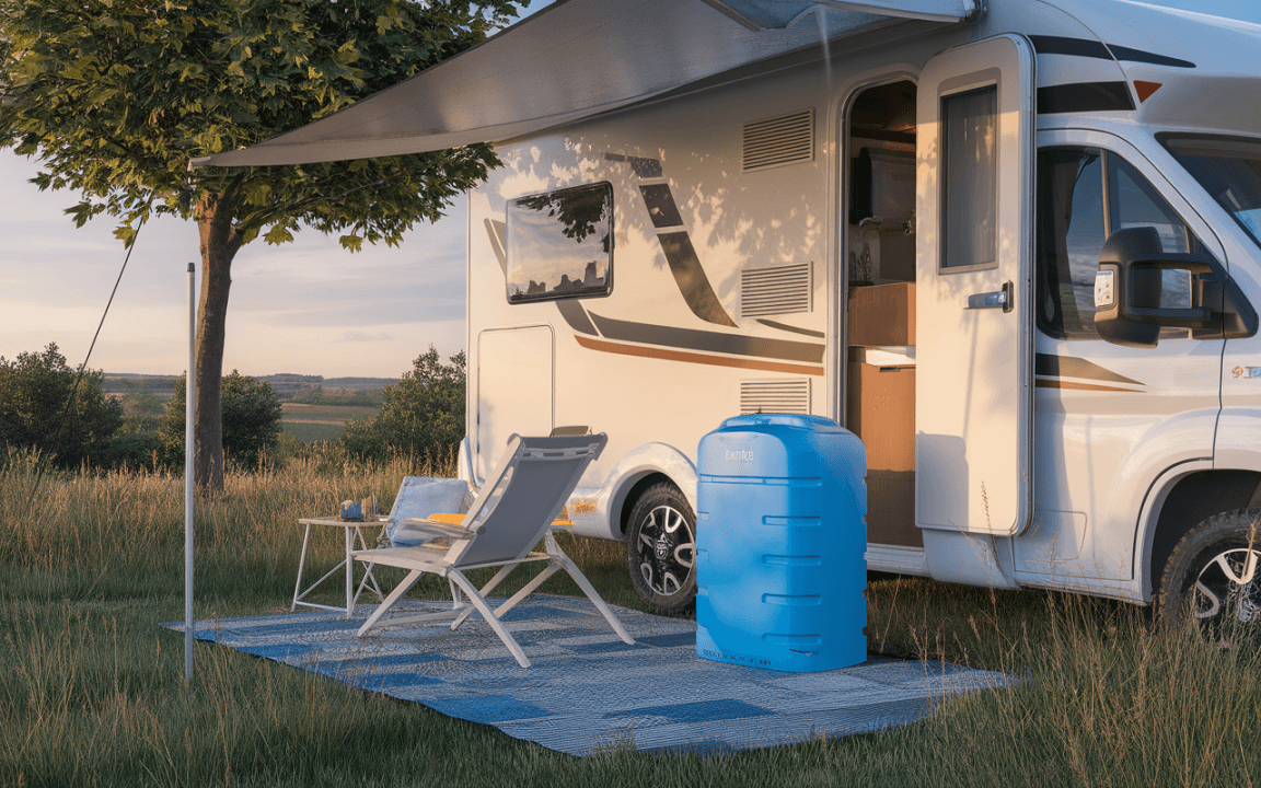 Camping-car stationné près d'un arbre, avec une chaise pliable, un tapis et un conteneur bleu sur une pelouse verdoyante.