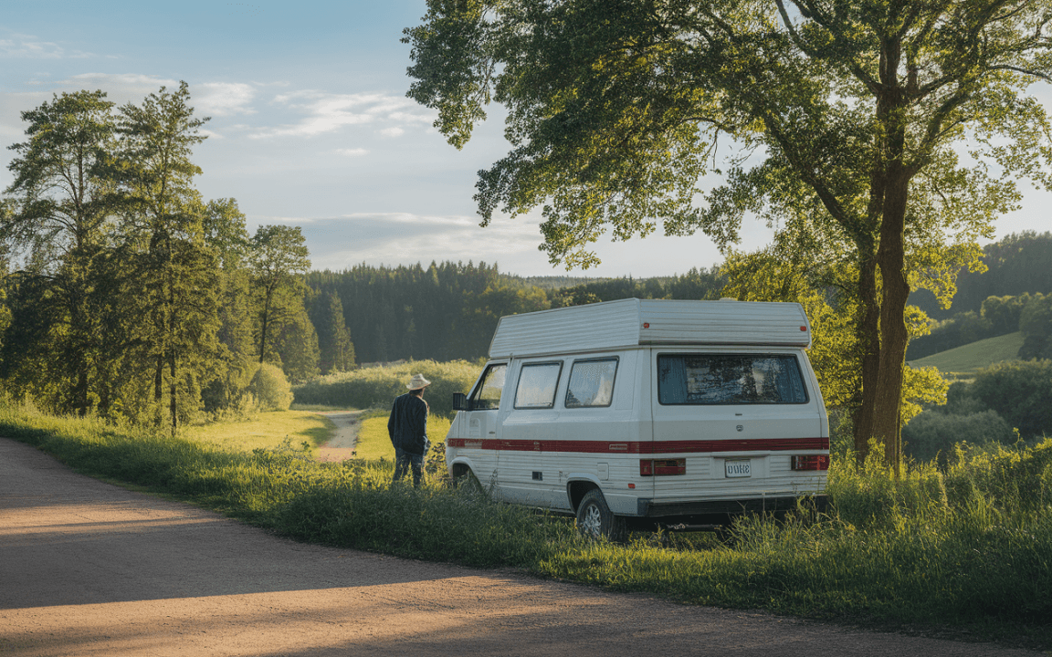 Un homme en chapeau se tient près d'une camionnette blanche sur une route de campagne, entouré d'arbres verdoyants et de collines.