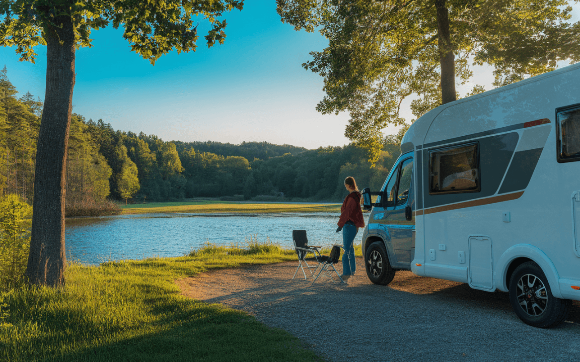 Une femme se tient près d'un camping-car au bord d'un lac, entourée d'arbres verdoyants, avec une chaise pliante devant elle.