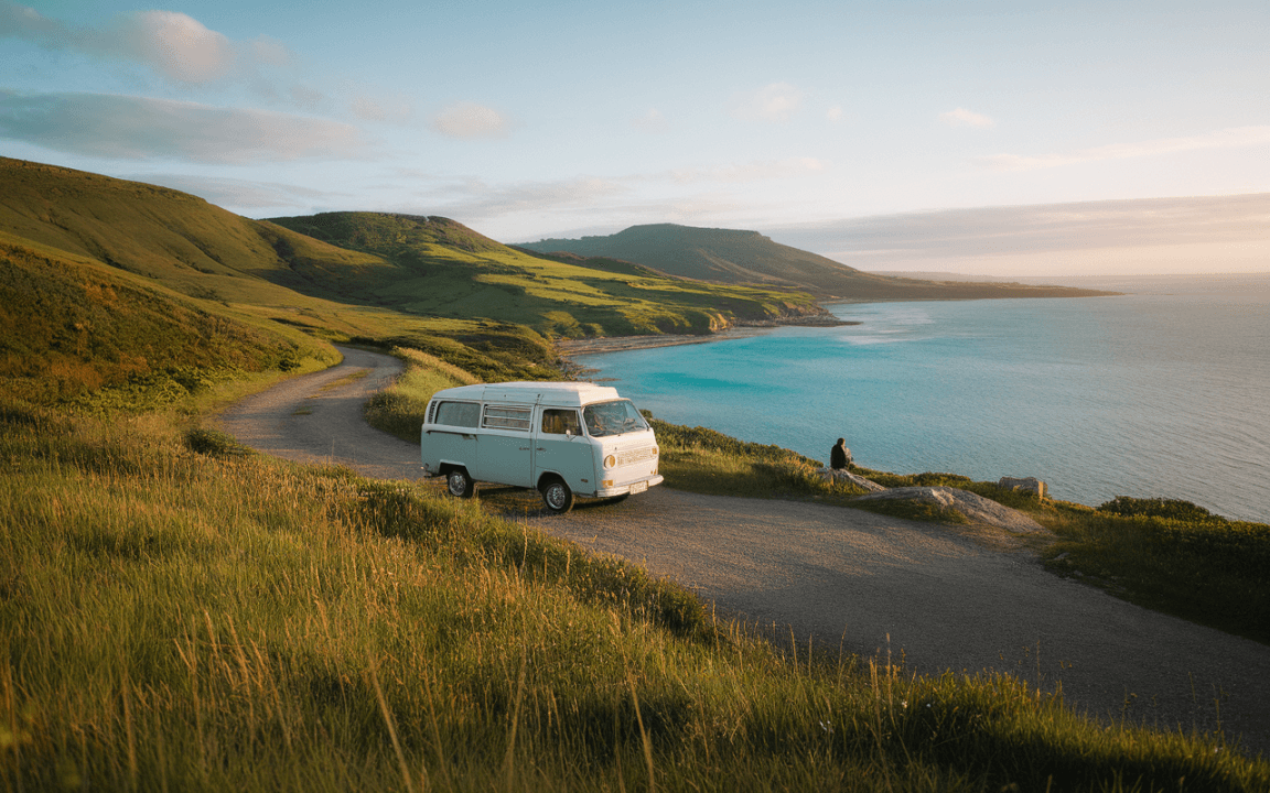 Un van vintage est garé sur un chemin, surplombant la mer et les collines verdoyantes au coucher du soleil.